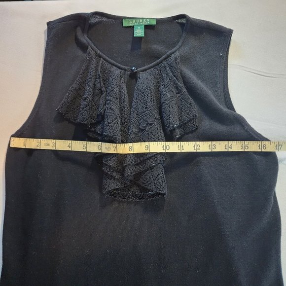 Lauren Ralph‎ Lauren Woman's Black Sleeveless Ruffle Beaded Sz Medium Blouse - Picture 7 of 10